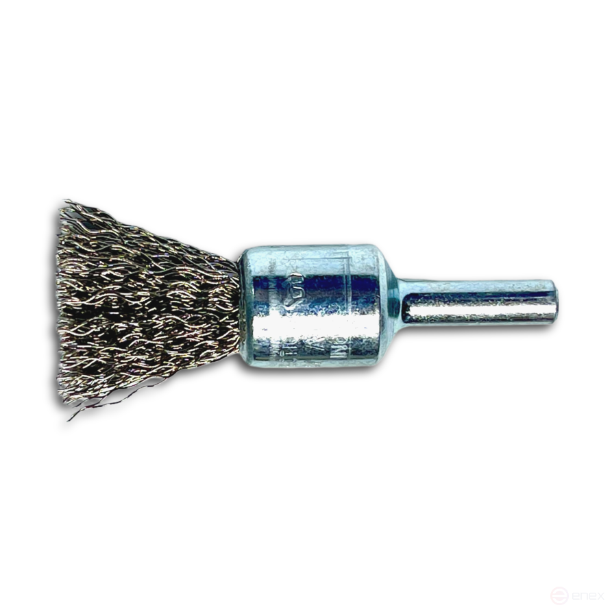 The brush is a corrugated brush, D23 mm, shank 6 mm, length 68 mm, stainless corrugated wire ROF 0.20 mm, length of the working part 25 mm