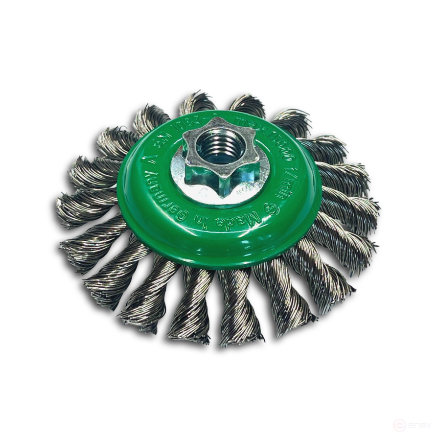 Щетка коническая жгутовая, Д115 мм, ширина 12 мм, 20 жгутов, нержавеющая прямая проволока ROH 0,35 мм, посадка М14