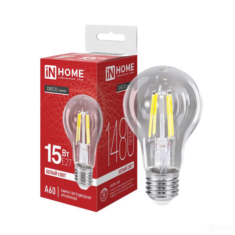 Лампа светодиодная LED-A60-deco 15Вт 230В Е27 4000К 1480Лм прозрачная IN HOME