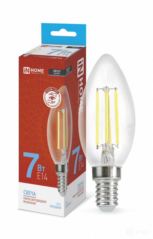 Лампа светодиодная LED-СВЕЧА-deco 7Вт 230В Е14 6500К 810Лм прозрачная IN HOME