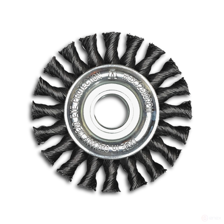 Disc brush harness, D115 mm, width 14 mm, 20 bundles twisted left/right, straight steel wire STH 0.50 mm, landing hole 22.2 mm