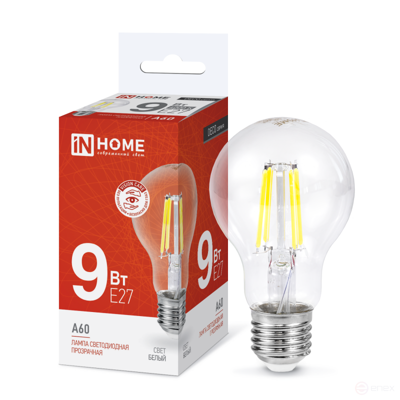 Лампа светодиодная LED-A60-deco 9Вт 230В Е27 4000К 1040Лм прозрачная IN HOME
