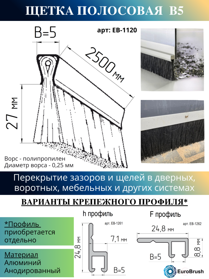 Strip brush linear sealer 2500*32*5 , pile height 27 mm PPL black 0.20 (EB-1120)