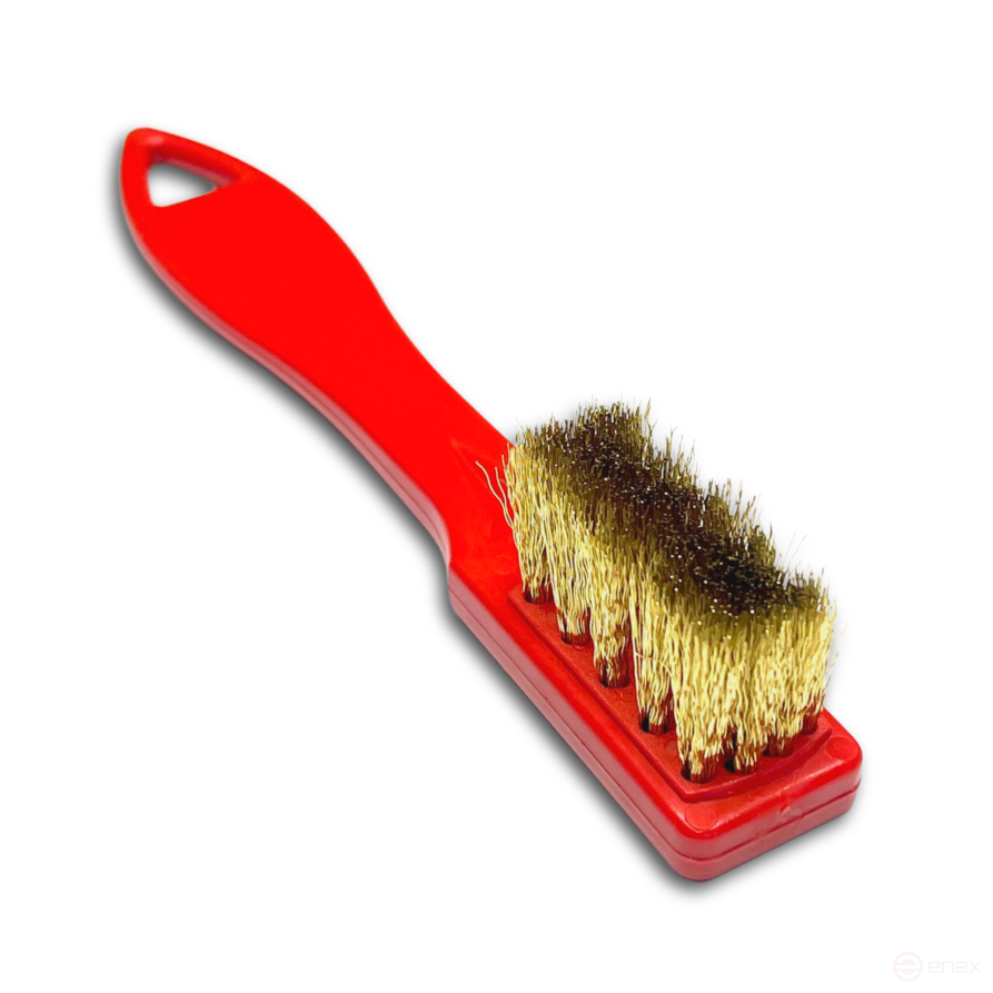 Щетка ручная для свечей зажигания, пластиковый красный корпус, 4х5/6 рядная, 155x22 мм, латунная гофрированная проволока MES 0,15 мм, высота ворса 18 мм