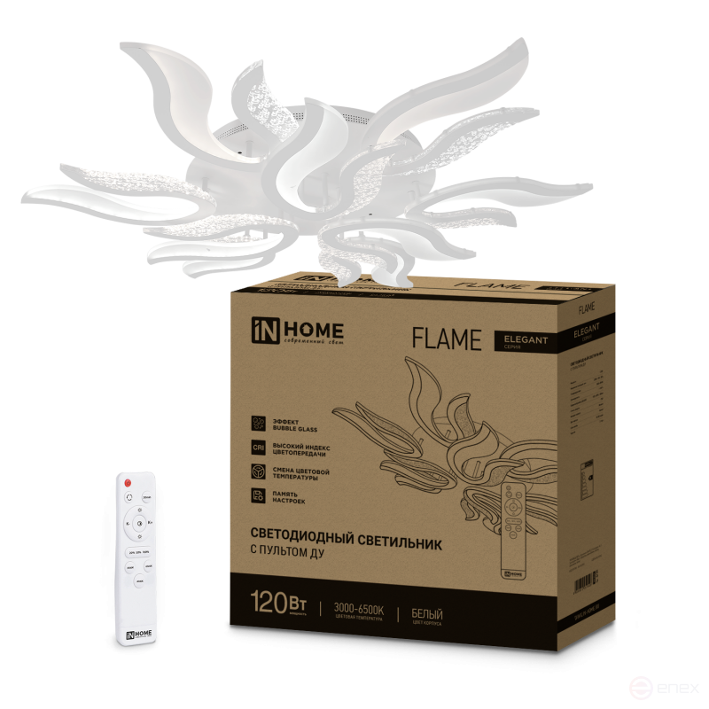 Светильник светодиодный ELEGANT FLAME 120Вт 230В 3000-6500K 1035х895х120мм c пультом ДУ белый IN HOME