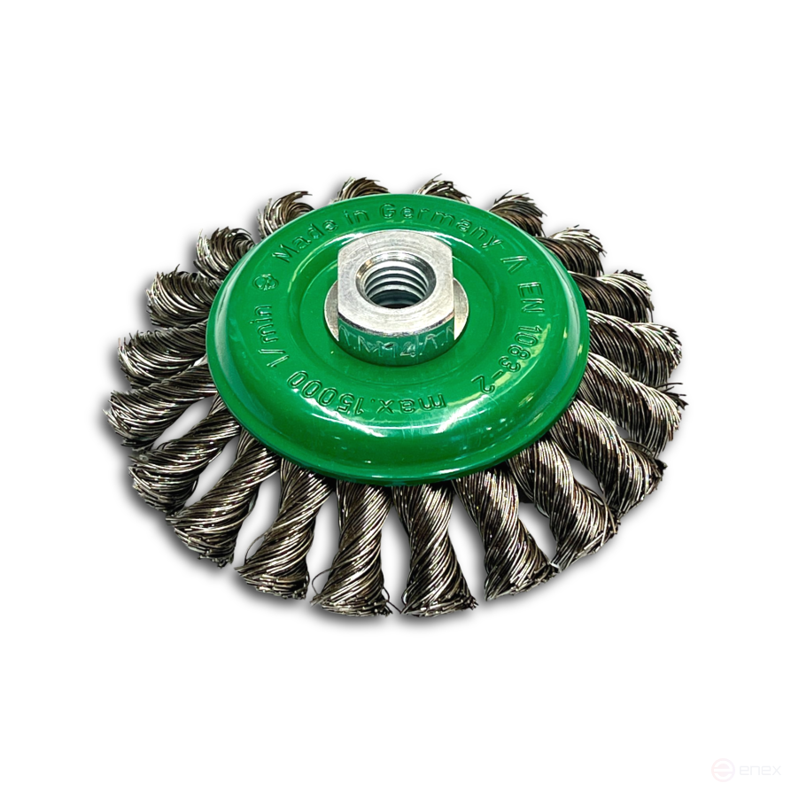 Щетка коническая жгутовая, Д125 мм, ширина 12 мм, 20 жгутов, нержавеющая прямая проволока ROH 0,50 мм, посадка М14