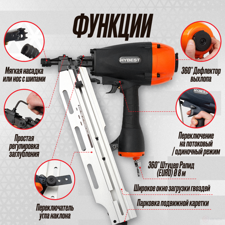 Hybest FN90E nail gun for wood (pneumatic, nails D34/ SN28/ SN21)