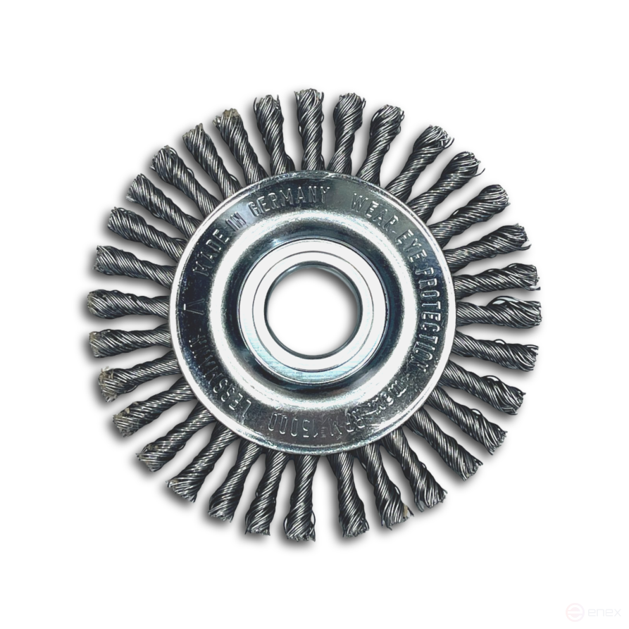 Щетка дисковая жгутовая, Д115 мм, ширина 6 мм, 32 жгута, стальная прямая проволока STH 0,50 мм, посадочное отверстие 22,2 мм