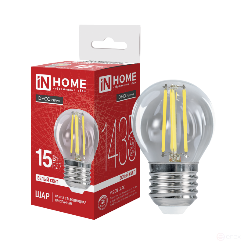 Лампа светодиодная LED-ШАР-deco 15Вт 230В Е27 4000К 1435Лм прозрачная IN HOME