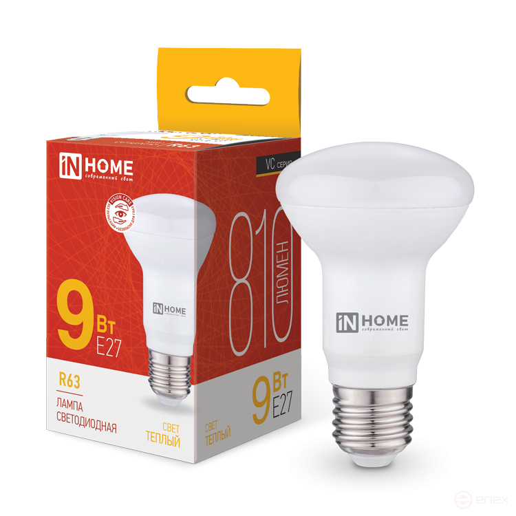 Лампа светодиодная LED-R63-VC 9Вт 230В Е27 3000К 810Лм IN HOME