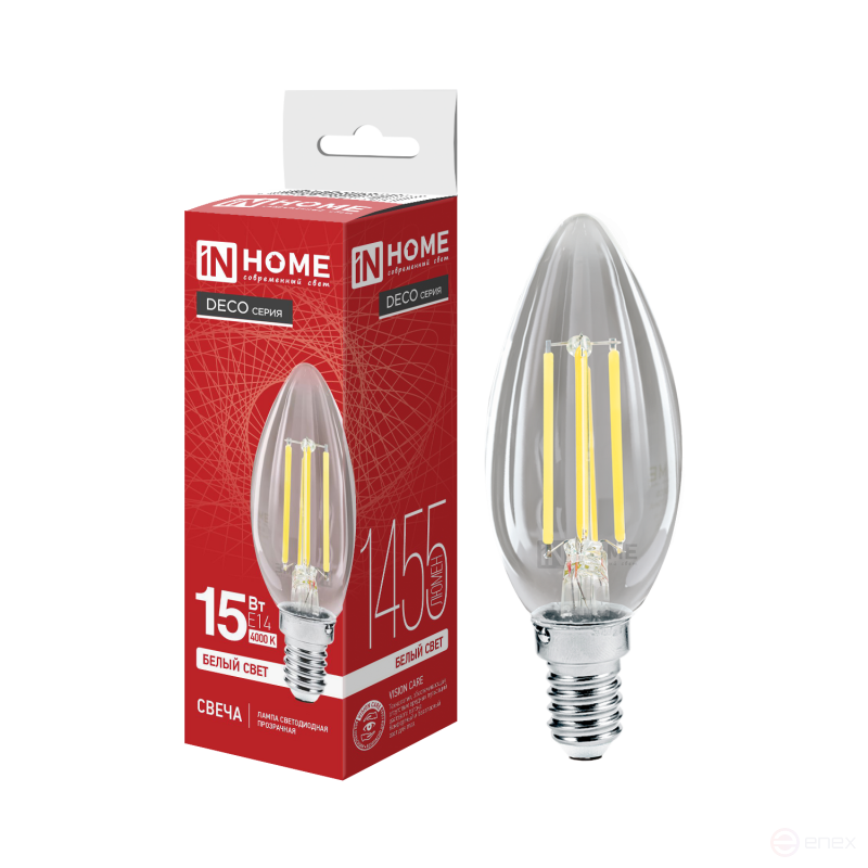 Лампа светодиодная LED-СВЕЧА-deco 15Вт 230В Е14 4000К 1455Лм прозрачная IN HOME