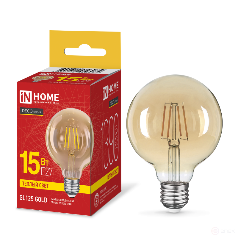 Лампа светодиодная LED-GL125-deco gold 15Вт 230В E27 3000K 1390Лм 125мм золотистая IN HOME