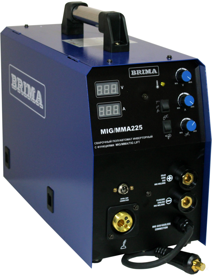Полуавтомат MIG/MМА-225 (220В) "BRIMA" - установка универсальная c функциями Полуавтоматической сварки (MIG), ручной дуговой сварки (MMA) и аргонодуговой (TIG) сварки