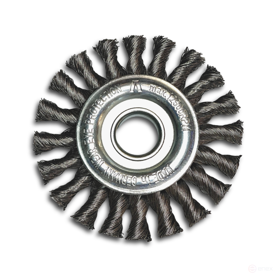 Conical plaited brush, D115 mm, width 12 mm, 20 plaits twisted left/right, straight steel wire STH 0.50 mm, M14 fit