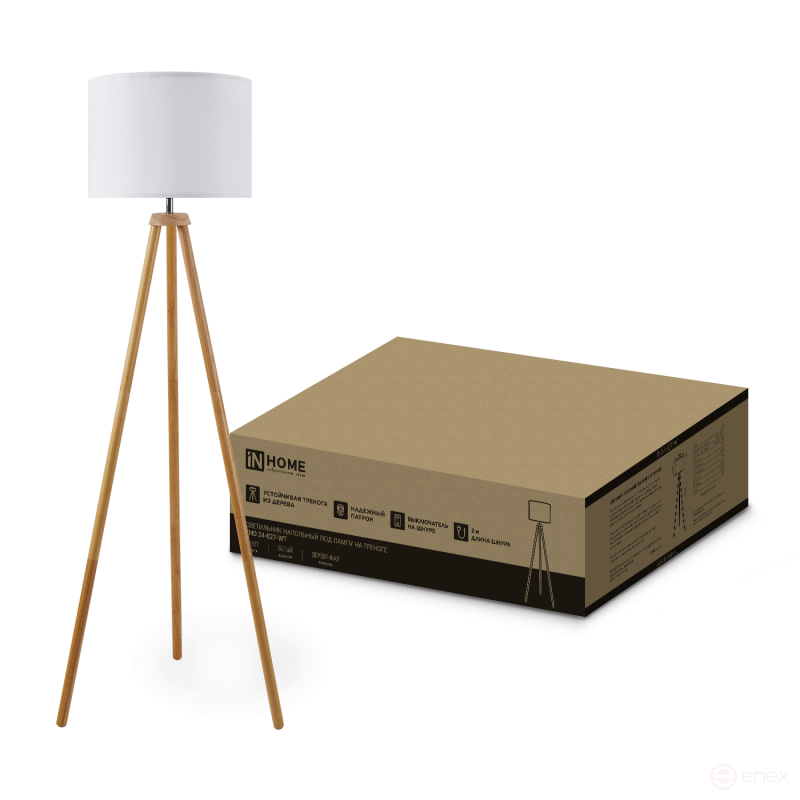 Светильник напольный под лампу ТНО 24-Е27-WT 230В белый абажур, деревянная тренога IN HOME