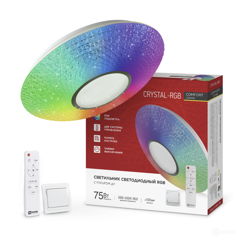 Светильник светодиодный COMFORT CRYSTAL-RGB 75Вт 230В 3000-6500K 6000Лм 500x115мм с пультом ДУ IN HOME