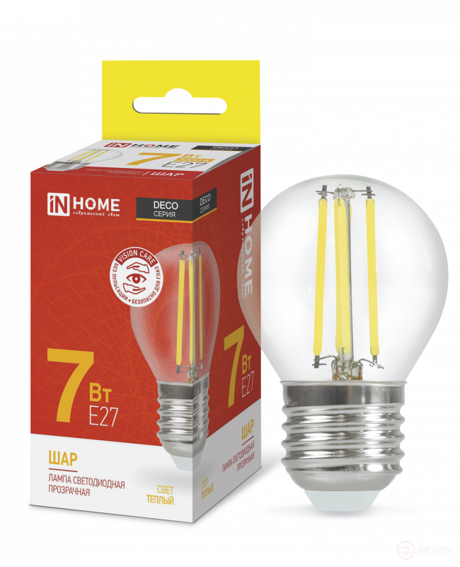 Лампа светодиодная LED-ШАР-deco 7Вт 230В Е27 3000К 810Лм прозрачная IN HOME
