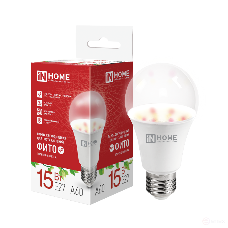 Лампа светодиодная LED-A60 PRO-ФИТО полный спектр 15Вт 230В Е27 IN HOME