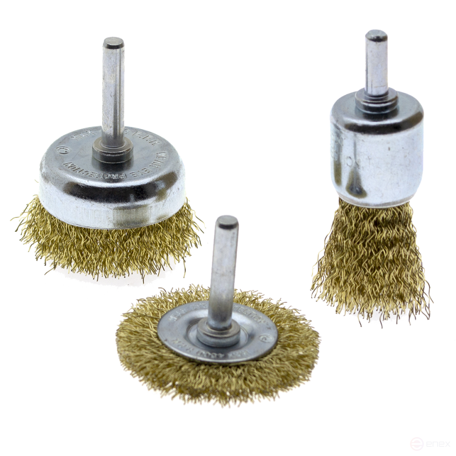 Cord brush for drill, set of 3 pcs. - 25mm brush, 50mm radial, 50mm cup, CHEGLOCK (60)