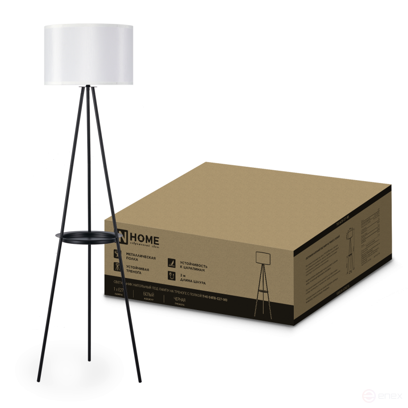 Светильник напольный под лампу ТНО 04ПВ-Е27-WB 230В полка, белый абажур, черная тренога IN HOME