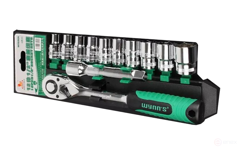 A set of 1/2" 6-sided 10-24mm end heads with a ratchet; 12 prem. Wynn
