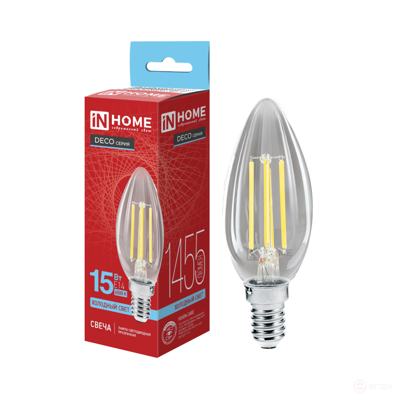 Лампа светодиодная LED-СВЕЧА-deco 15Вт 230В Е14 6500К 1455Лм прозрачная IN HOME