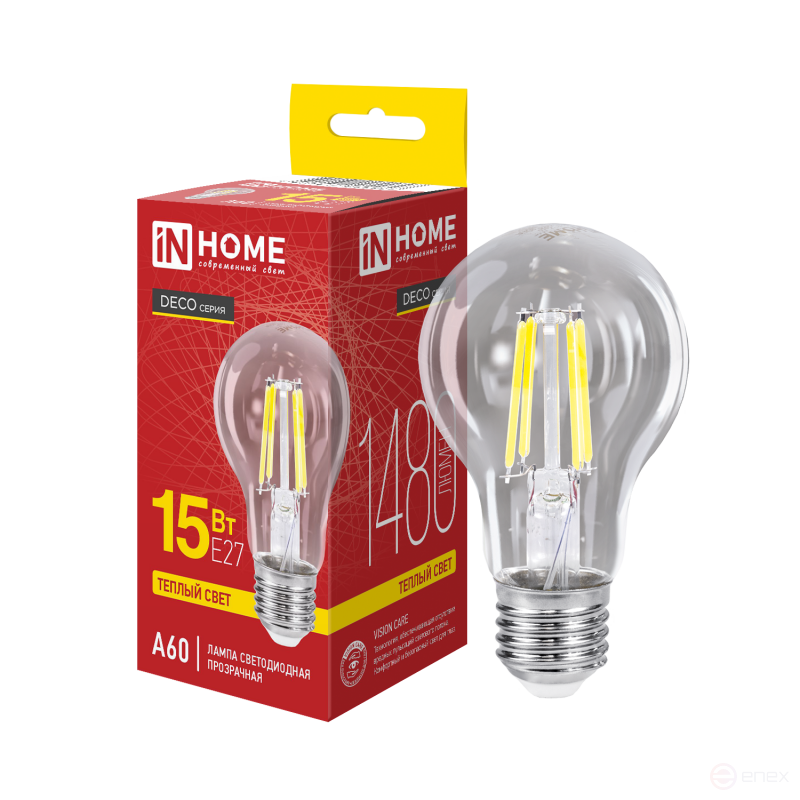 Лампа светодиодная LED-A60-deco 15Вт 230В Е27 3000К 1480Лм прозрачная IN HOME