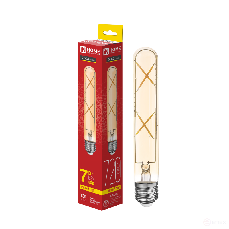 Лампа светодиодная LED-T30-deco gold 7Вт 230В Е27 3000К 720Лм 185мм золотистая IN HOME