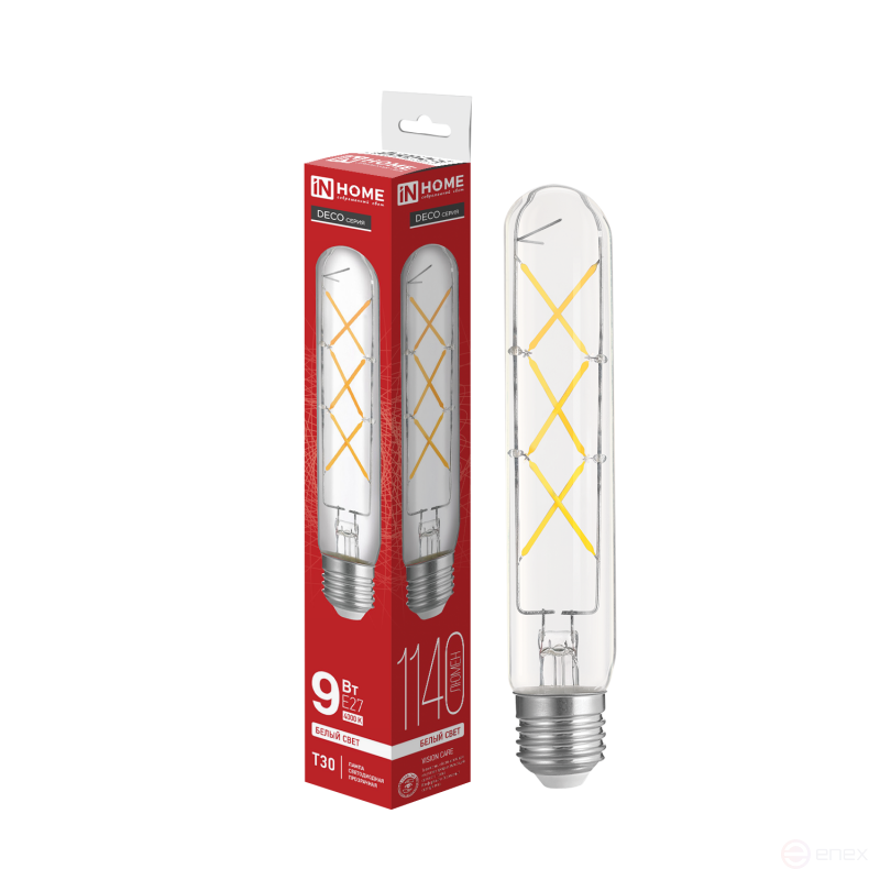 Лампа светодиодная LED-T30-deco 9Вт 230В Е27 4000К 1140Лм 225мм прозрачная IN HOME