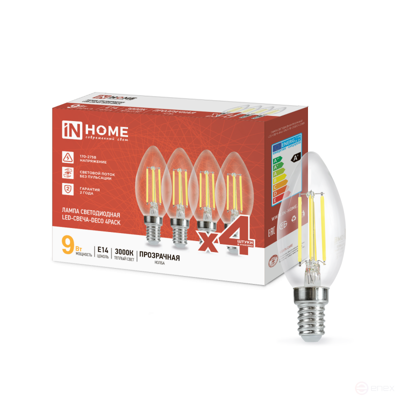 Лампа светодиодная LED-СВЕЧА-deco 4PACK 9Вт 230В Е14 3000К 1040Лм (4шт./упак) прозрачная IN HOME