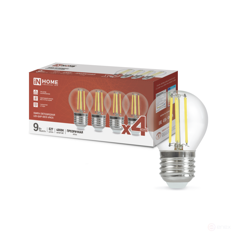 Лампа светодиодная LED-ШАР-deco 4PACK 9Вт 230В Е27 4000К 1040Лм (4шт./упак) прозрачная IN HOME