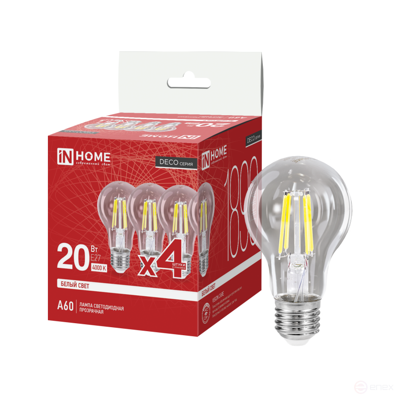 LED Lamp LED-A60-deco 4PACK 20W 230V E27 4000K 1890Lm (4pcs/pack) Transparent IN HOME