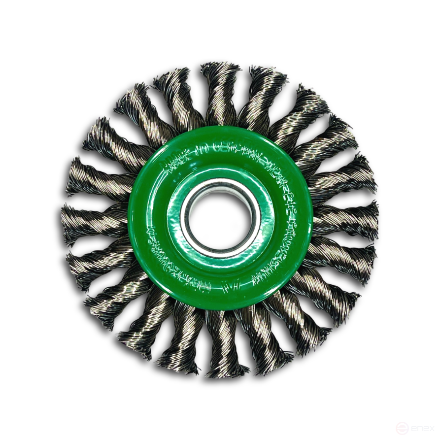 Щетка дисковая жгутовая, Д115 мм, ширина 14 мм, 20 жгутов, нержавеющая прямая проволкоа ROH 0,50 мм, посадочное отверстие 22,2 мм, в блистерной упаковке