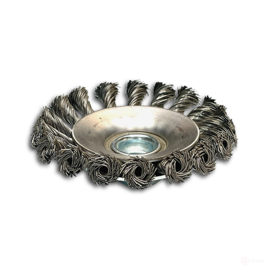 Щетка коническая жгутовая, Д115 мм, ширина 12 мм, 20 жгутов, стальная прямая проволока STH 0,50 мм, посадка М14