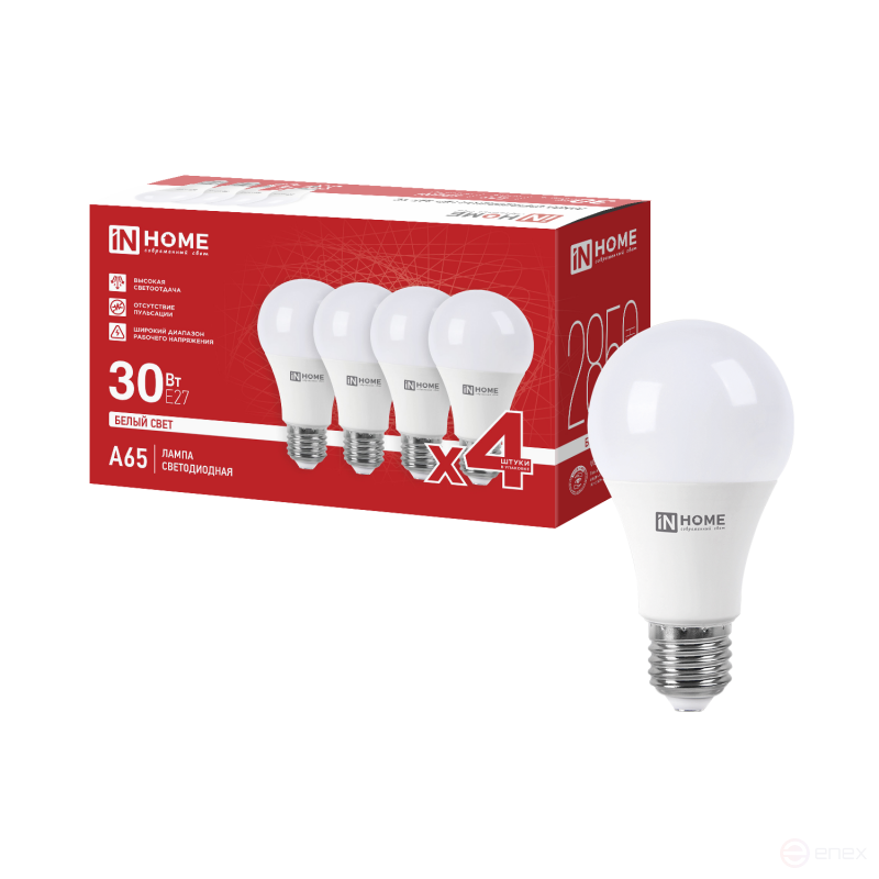 Лампа светодиодная LED-A65-VC 4PACK 30Вт 230В Е27 4000К 2850Лм (4шт./упак) IN HOME
