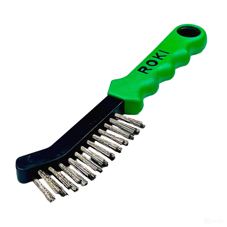 Manual brush for brake pads, 2x12/13 in-line, 225x12/18 mm, stainless steel straight wire RO4 0.35 mm, pile height 22 mm