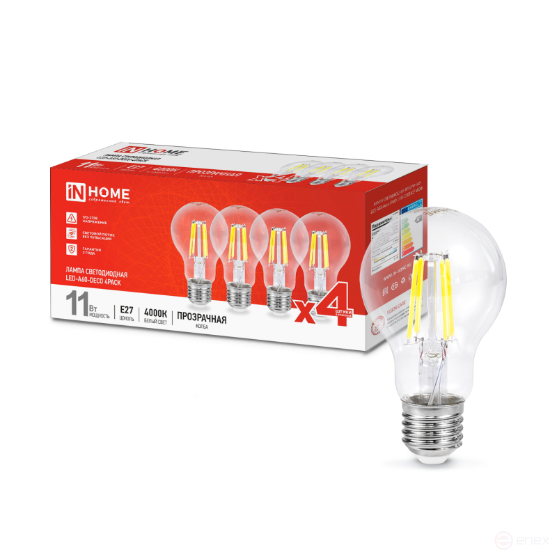 Лампа светодиодная LED-A60-deco 4PACK 11Вт 230В Е27 4000К 1160Лм (4шт./упак) прозрачная IN HOME