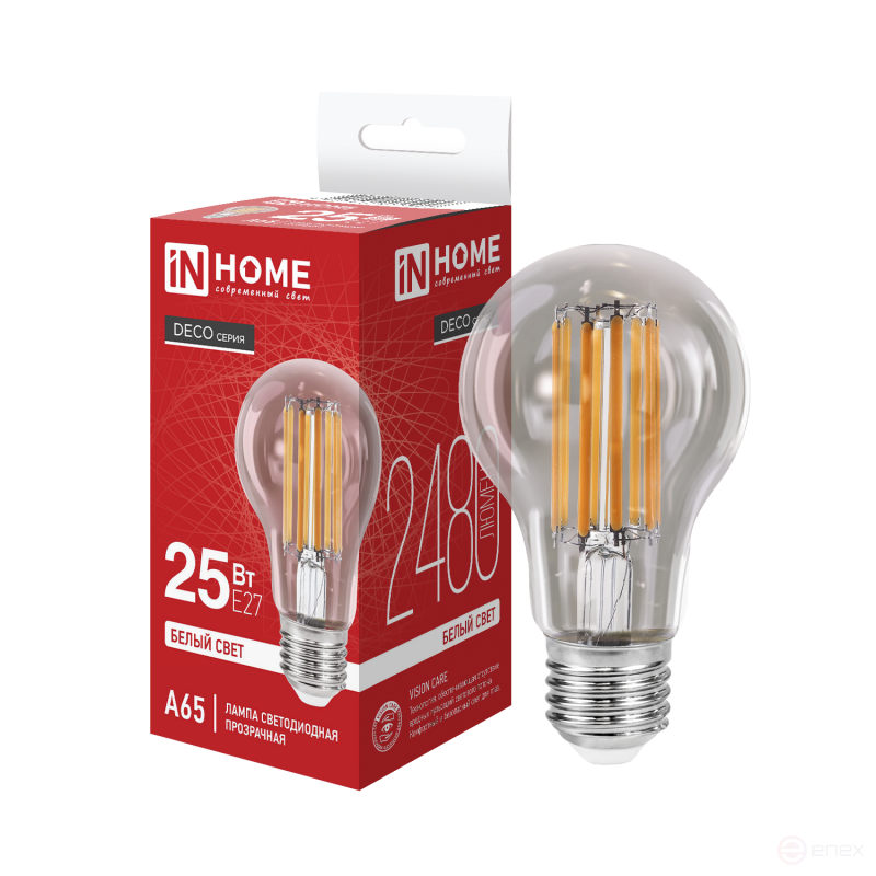 Лампа светодиодная LED-A65-deco 25Вт 230В Е27 4000К 2480Лм прозрачная IN HOME