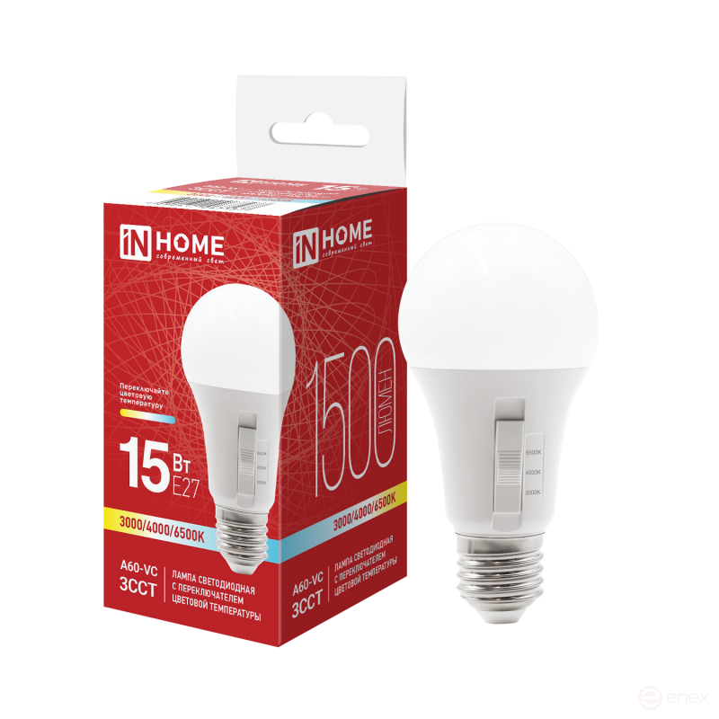 LED Lamp LED-A60-VC 15W 230V E27 1500Lm 3CST 3000/4000/6500K with switch on lamp IN HOME