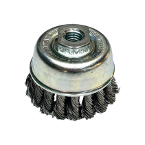 Cup harness brush, D65 mm, 18 harnesses, straight steel wire STH 0.35 mm, M14 fit