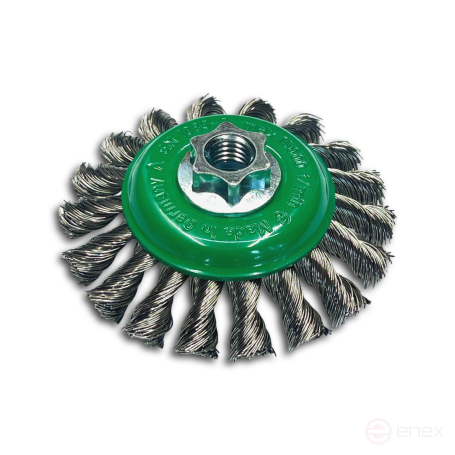Щетка коническая жгутовая, Д100 мм, ширина 12 мм, 18 жгутов, нержавеющая прямая проволока ROH 0,50 мм, посадка М14