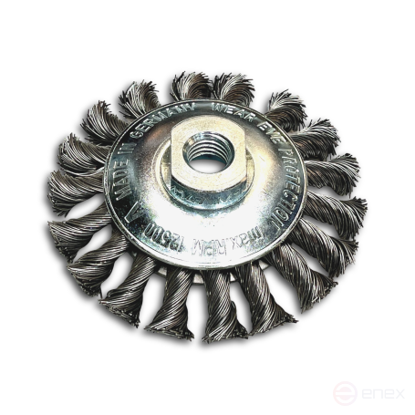 Щетка коническая жгутовая, Д115 мм, ширина 12 мм, 20 жгутов, стальная прямая проволока STH 0,50 мм, посадка М14