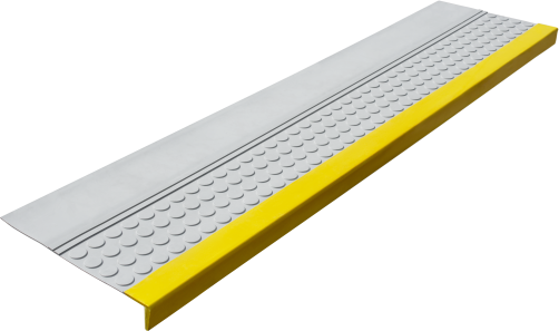 Накладка на ступень "Светофор" для слабовидящих резиновая противоскользящая (Проступь) Удлиненная Пятачковая 1200x300x30 мм / Серая с желтой полосой