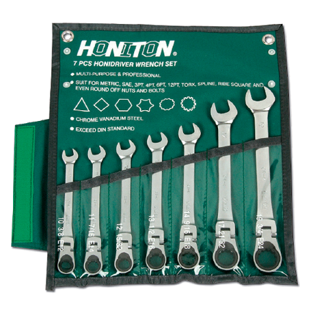 A set of combined articulated keys with a ratchet, 7 items