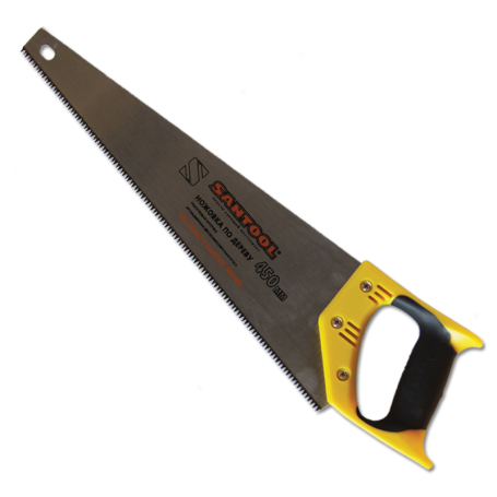 Ножовка "SANTOOL" 450 мм по дереву трехугловая заточка желто-черная двухкомпонентная ручка TPI 7