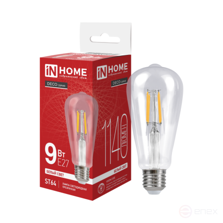 LED Lamp LED-ST64-deco 9W 230V E27 4000K 1140Lm transparent IN HOME