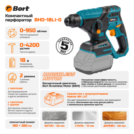 Перфоратор аккумуляторный BORT BHD-18Li-0 (без АКБ и ЗУ)