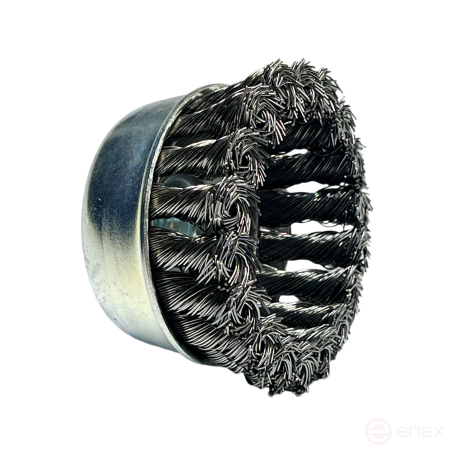 Cup harness brush, D65 mm, 18 harnesses, straight steel wire STH 0.35 mm, M14 fit