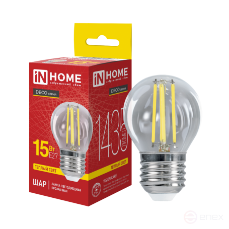 Лампа светодиодная LED-ШАР-deco 15Вт 230В Е27 3000К 1435Лм прозрачная IN HOME
