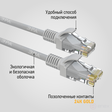 PC-10U-A Патч корд ЭРА SIMPLE U/UTP неэкранированный 10 м, категория 5e, серый
